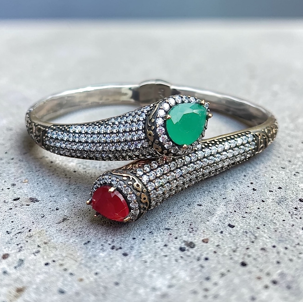 Sterling Silver Green Emerald And Ruby Bypass Hinged Bracelet